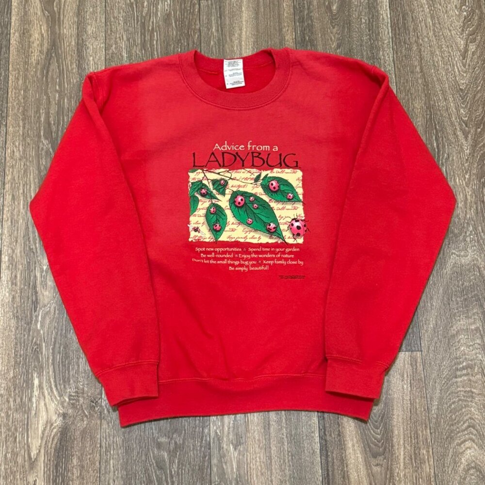 VTG Advice from a Ladybug Sweatshirt Men's Small Red Heavy Blend Grandma Y2K 00s - Picture 1 of 9